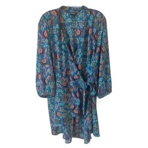Torrid Blue Pink Floral Hi Lo 3/4 Sleeves Georgette Tunic Wrap Blouse V Neck 3X